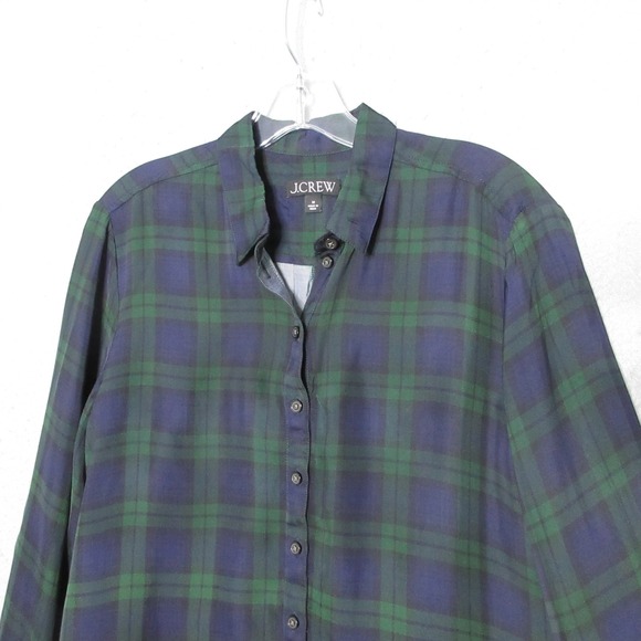 J.Crew Tops - J Crew Top Blue Green Black Watch Plaid Drapey Button Up Holiday Classic Satin